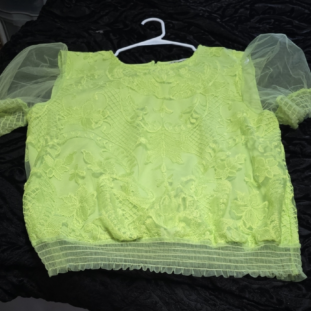 Neon Green Lace Puff Sleeve Crop Top